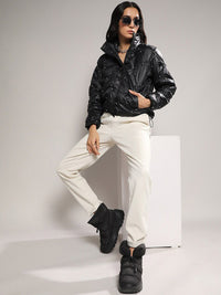 Kampus Sutra Hitam Hiasan Windcheater Puffer Jaket