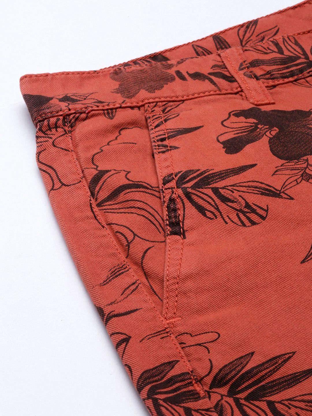 The Indian Garage Co Men Rust Floral Printed Slim Fit Regular Shorts