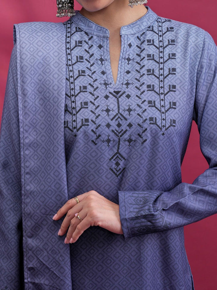 Vishudh Blue Printed Yoke Design Thread Work Straight Kurta with Trouser & Dupatta