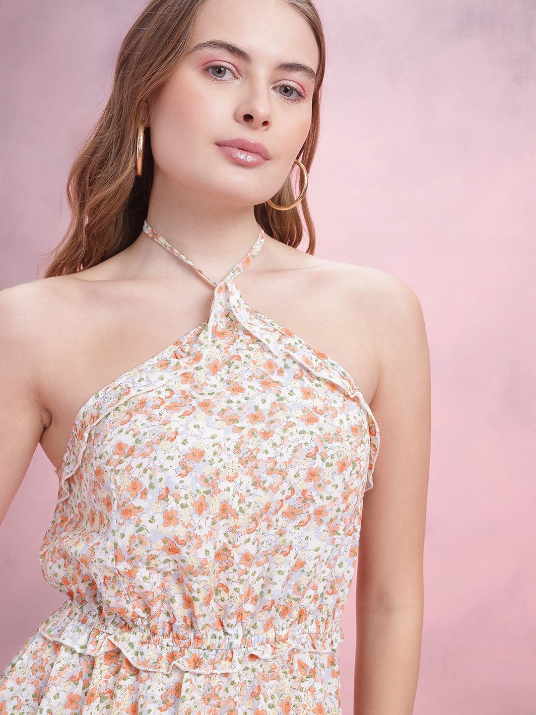 DressBerry Floral Print Halter Neck A-Line Midi Dress