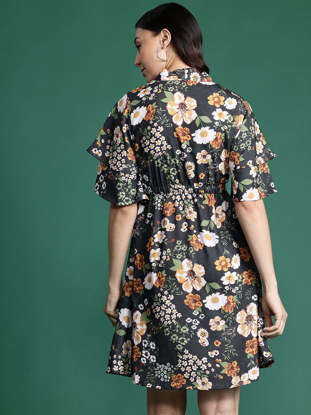 DressBerry Floral Print Flared Sleeve Mini Dress