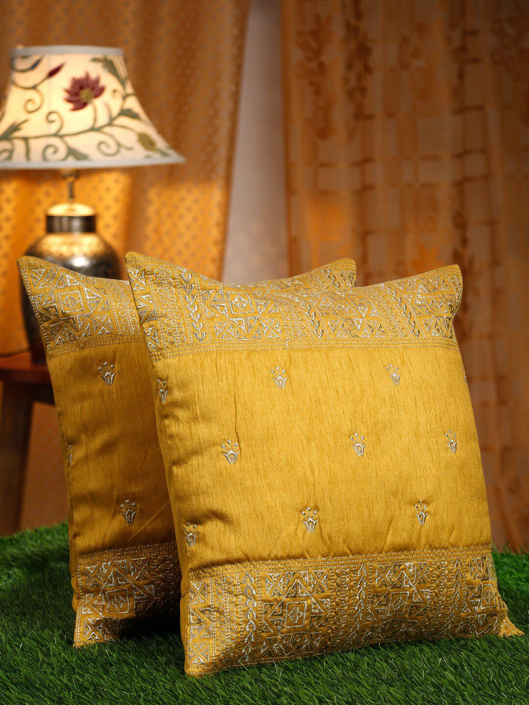 HOSTA HOMES Yellow & Gold-Toned 2 Pieces Ethnic Motifs Square Cushion Covers