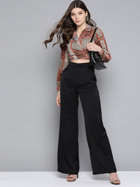 Sassafras Brown & Red Geometric Printed Georgette Wrap Crop Top