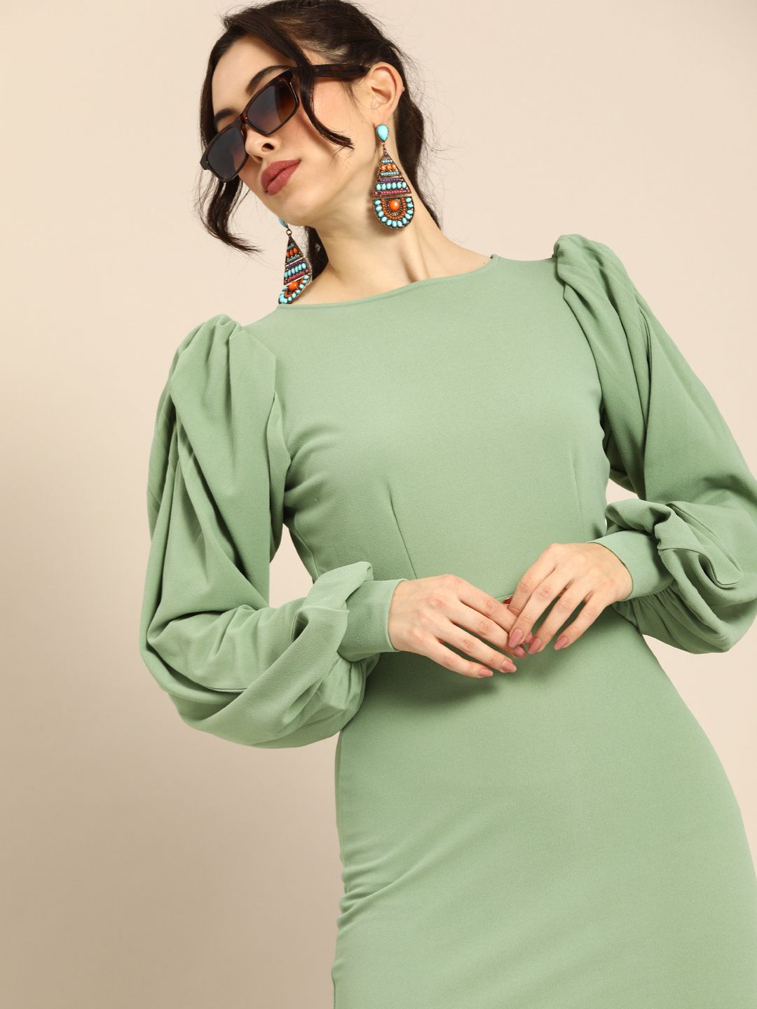 Athena Vintage Olive Green Puff Sleeves Bodycon Dress