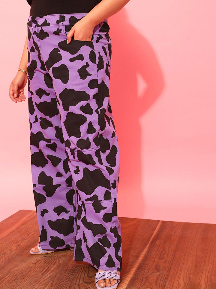 CURVY STREET Women Plus Size Lavender Printed Relaxed Straight Leg Pure Cotton Trousers