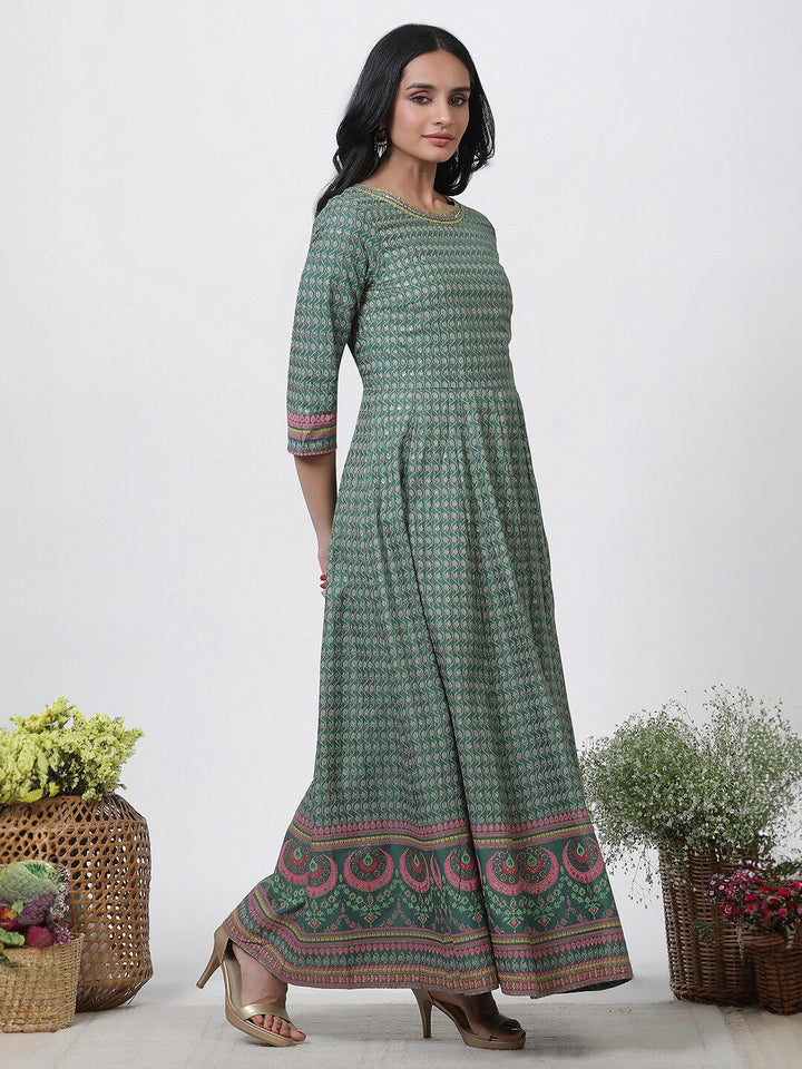 W Floral Printed Round Neck Maxi Dress With Dupatta