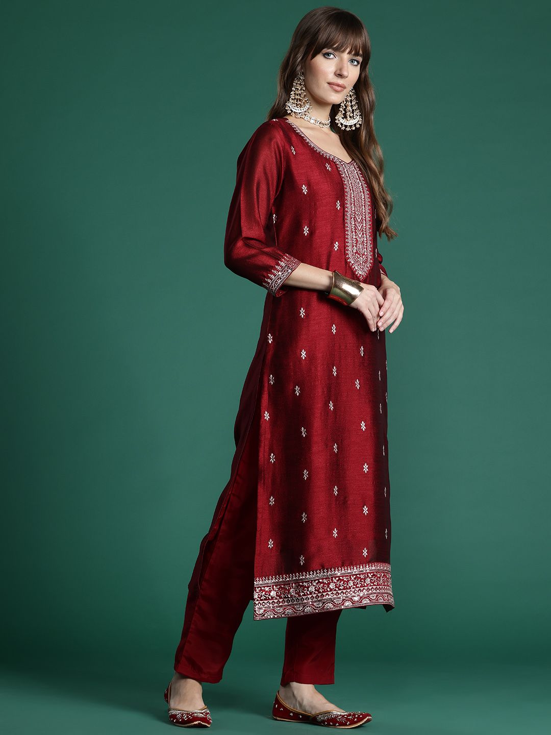 Indo Era Floral Embroidered Sequinned Kurta with Trousers & With Dupatta