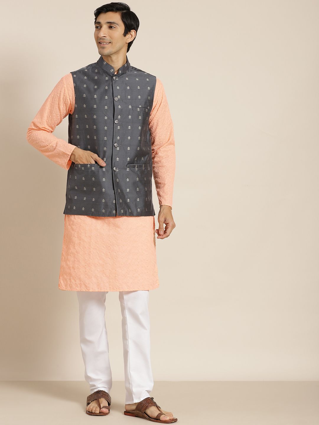 SOJANYA Men Peach-Coloured Ethnic Motifs Pure Cotton Kurta with Churidar & Nehru Jacket