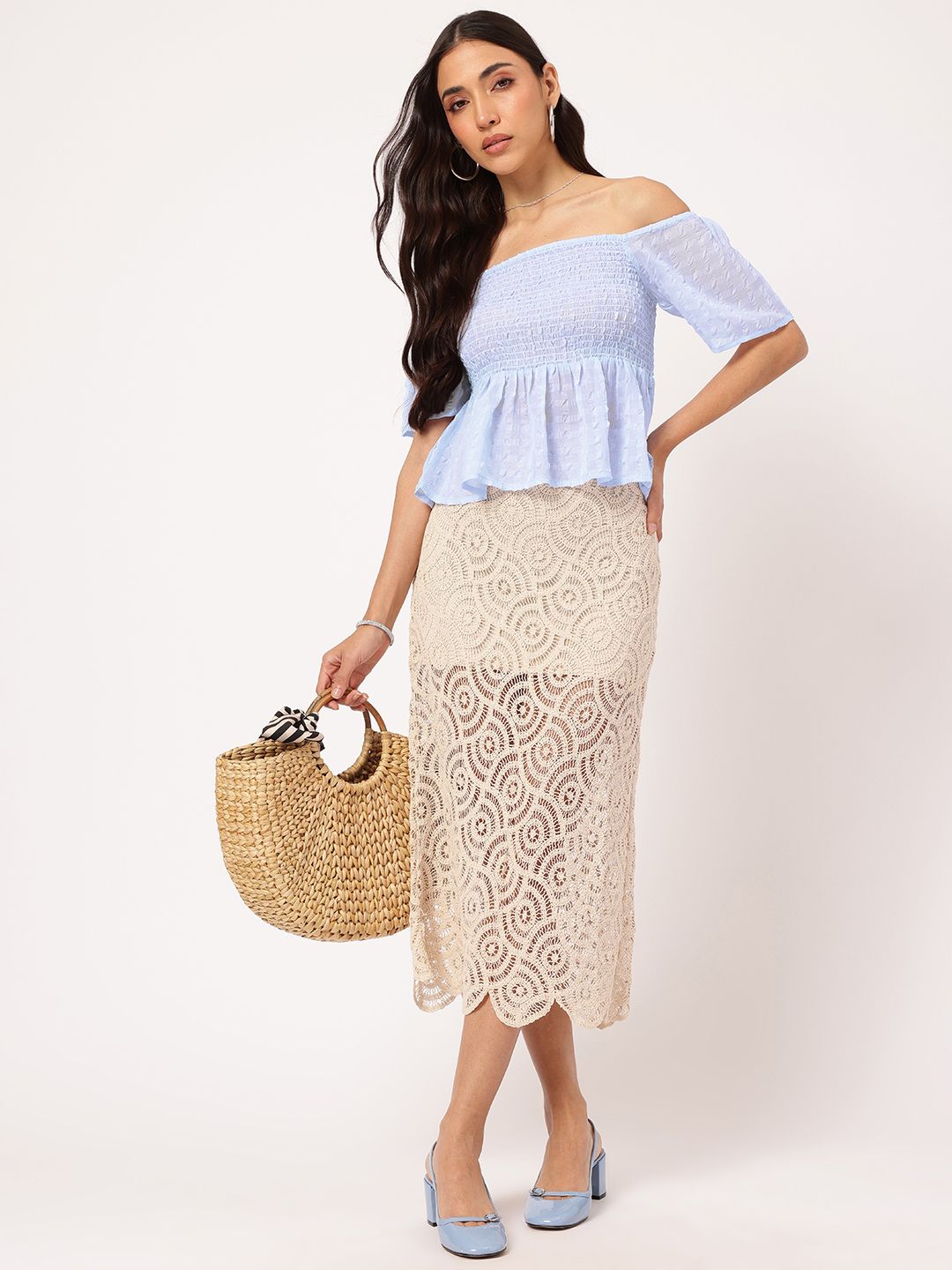 DressBerry Stylish Darling Smocked Off-Shoulder Textured Peplum Top