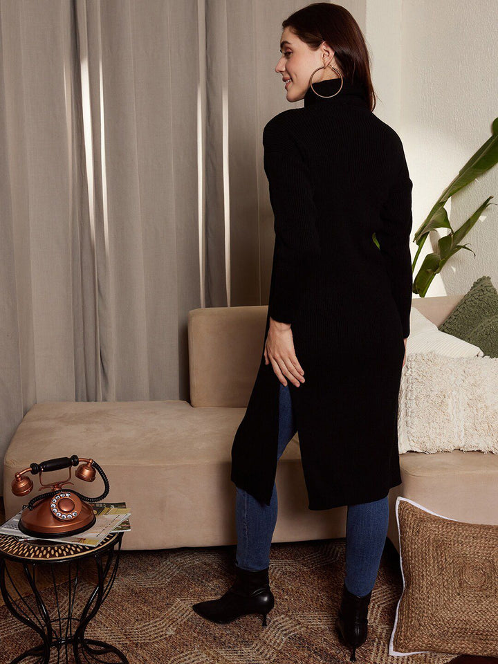 Berrylush Ribbed Turtle Neck Drop Shoulder Split Hem Longline Pullover Sweater