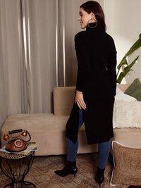 Berrylush Ribbed Turtle Neck Drop Shoulder Split Hem Longline Pullover Sweater