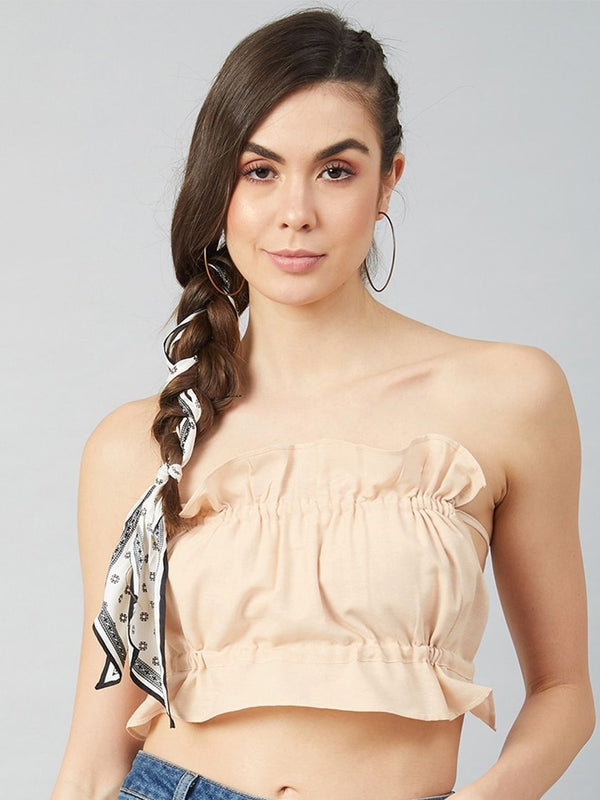 Athena Women Beige Ruched Tube Crop Top