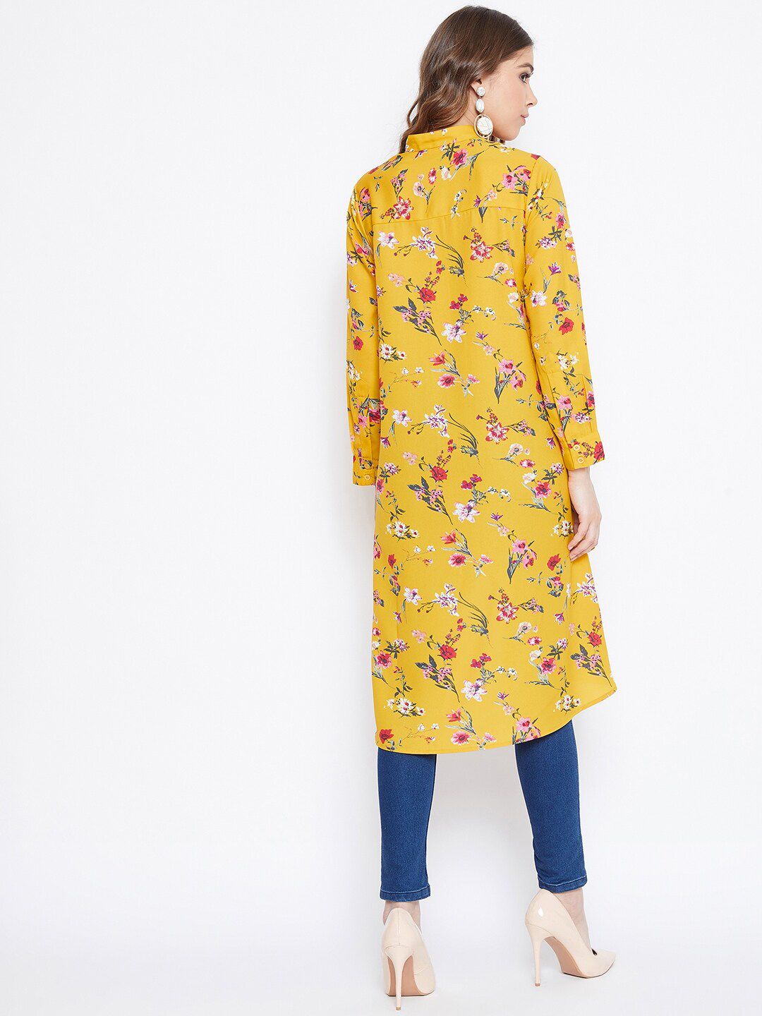 Berrylush Women Yellow Floral Printed Mandarin Collar Crepe Shirt Style Longline Top