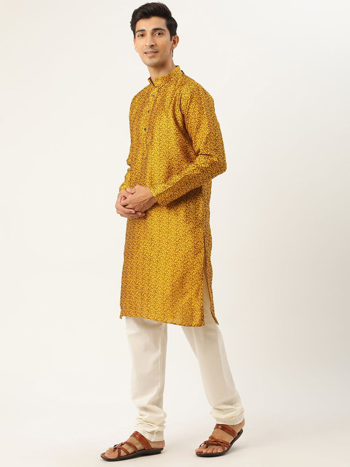 SOJANYA Men Mustard Yellow Jacquard Silk Kurta with Churidar & Nehru Jacket
