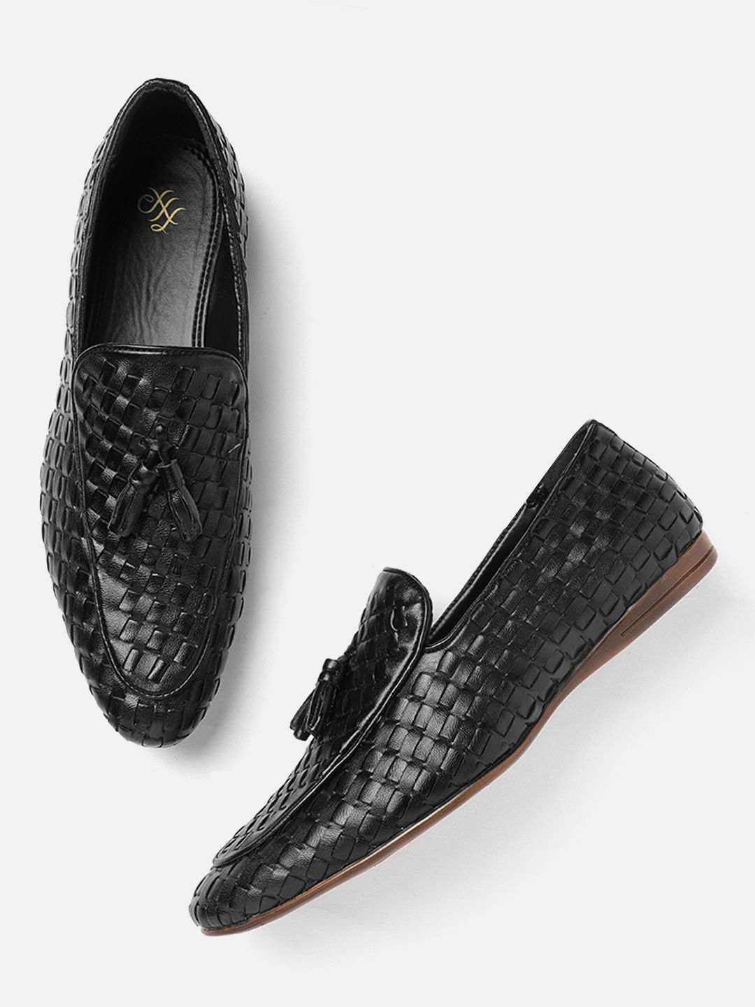 House of Pataudi Men Black Basketweave Handcrafted Tasselled Leather Loafers