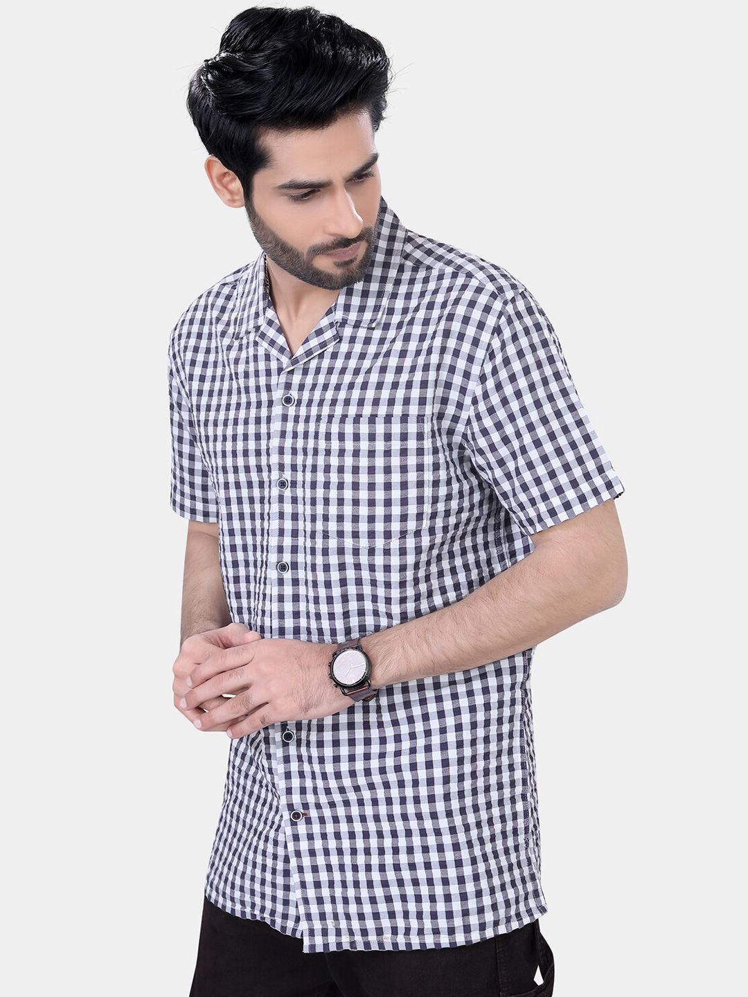 VASTRADO Classic Gingham Checked Lapel Collar Drop-Shoulder Sleeves Oversized Casual Shirt
