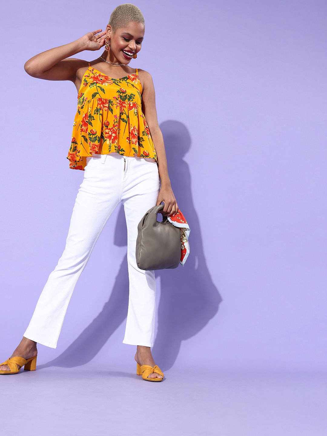 Berrylush Yellow Floral Crepe Peplum Crop Top