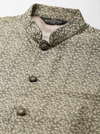 SOJANYA Men Grey Ethnic Motifs Woven Design Kurta with Churidar & Nehru Jacket