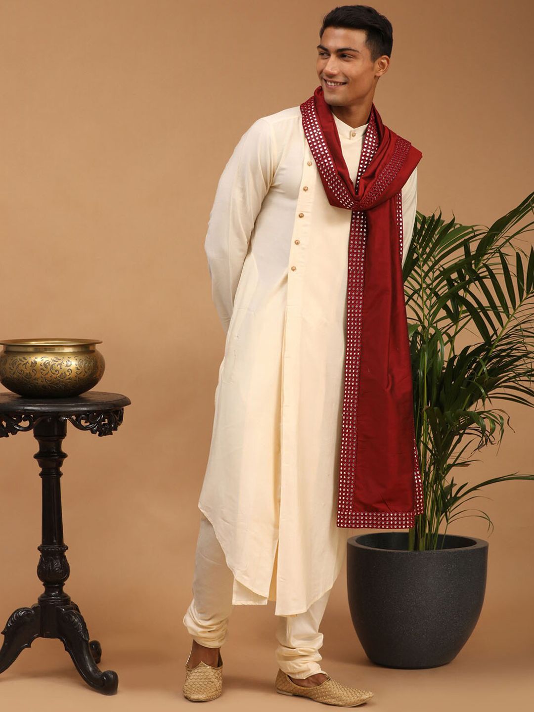 VASTRAMAY Men Asymmetric A-Line Kurta With Churidar & Mirror Work Dupatta