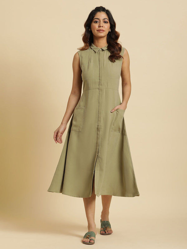 W Shirt Collar A-Line Dress