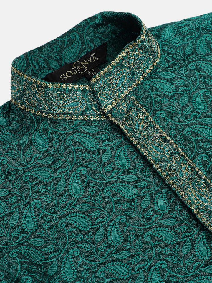 SOJANYA Boys Teal Green & Beige Woven Design Band Collar Thread Work Kurta