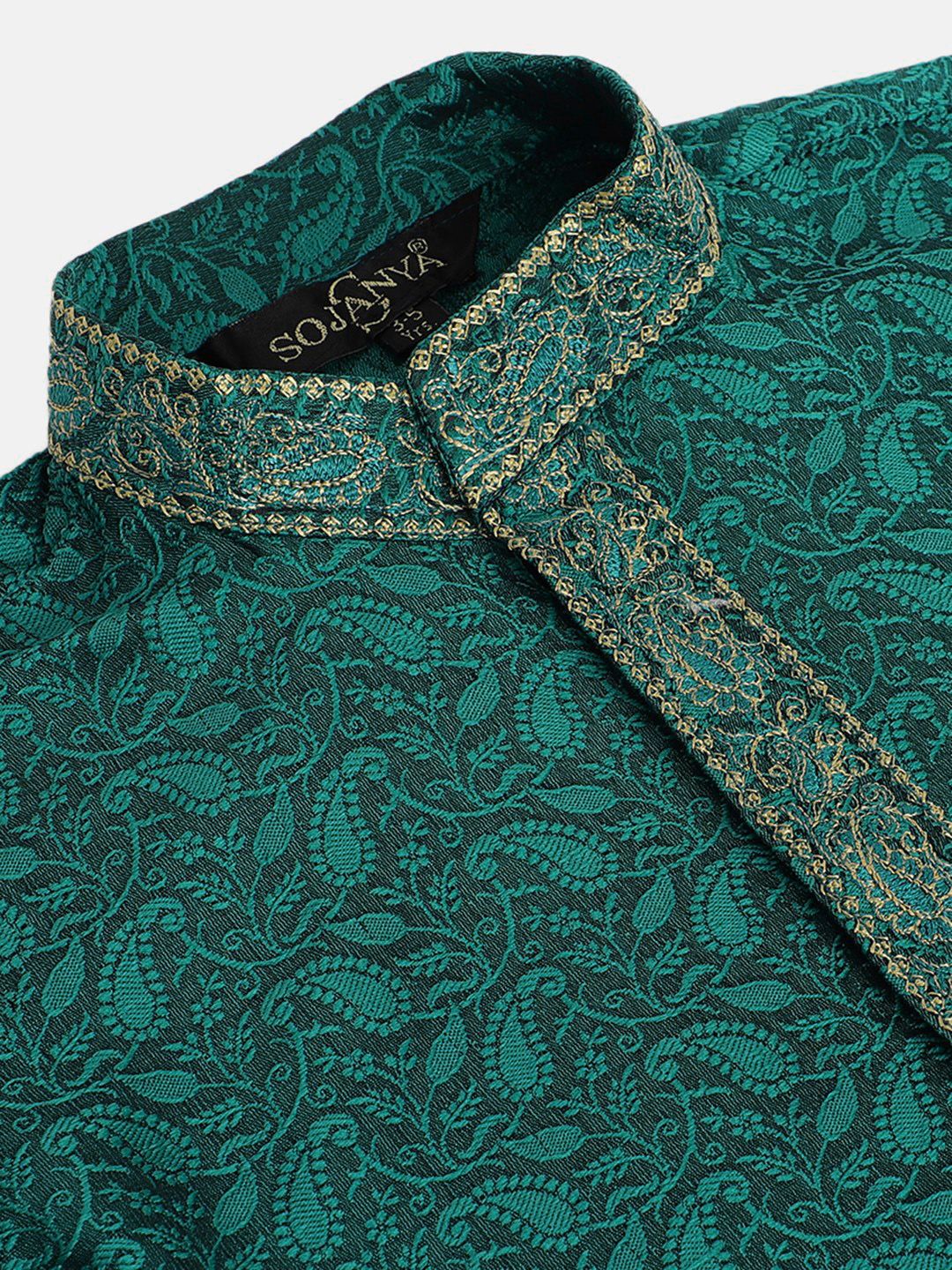 SOJANYA Boys Teal Green & Beige Woven Design Band Collar Thread Work Kurta