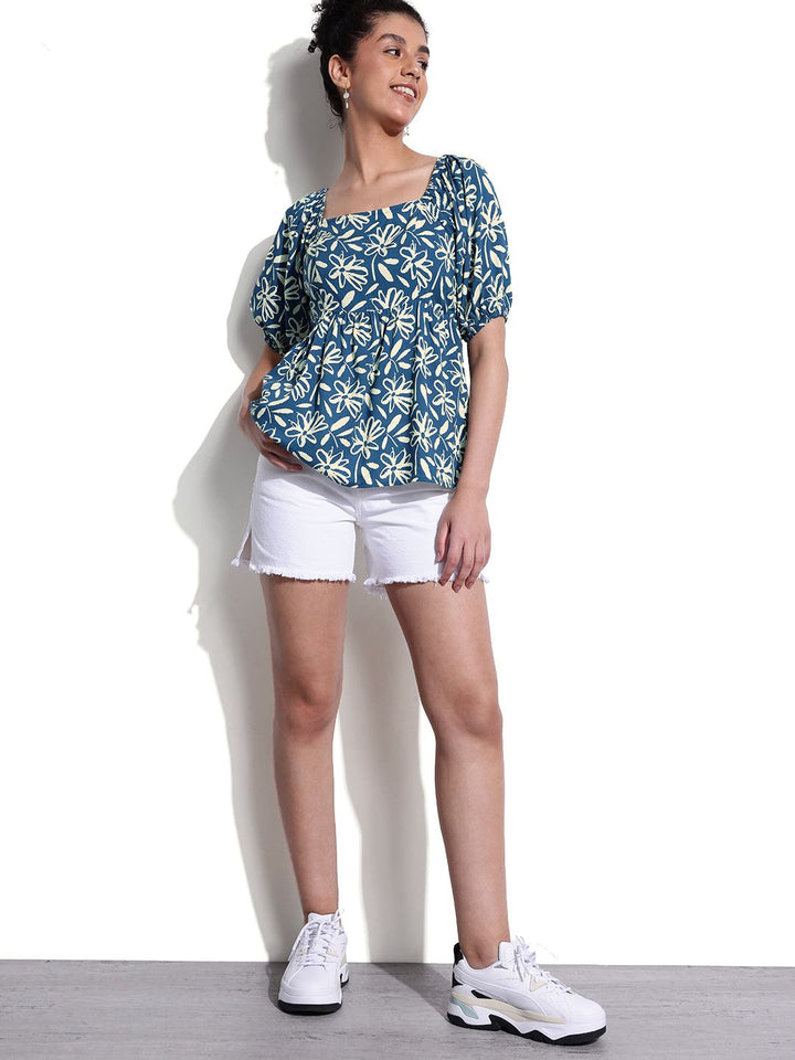 DressBerry Puff Sleeves Floral Printed A-Line Top