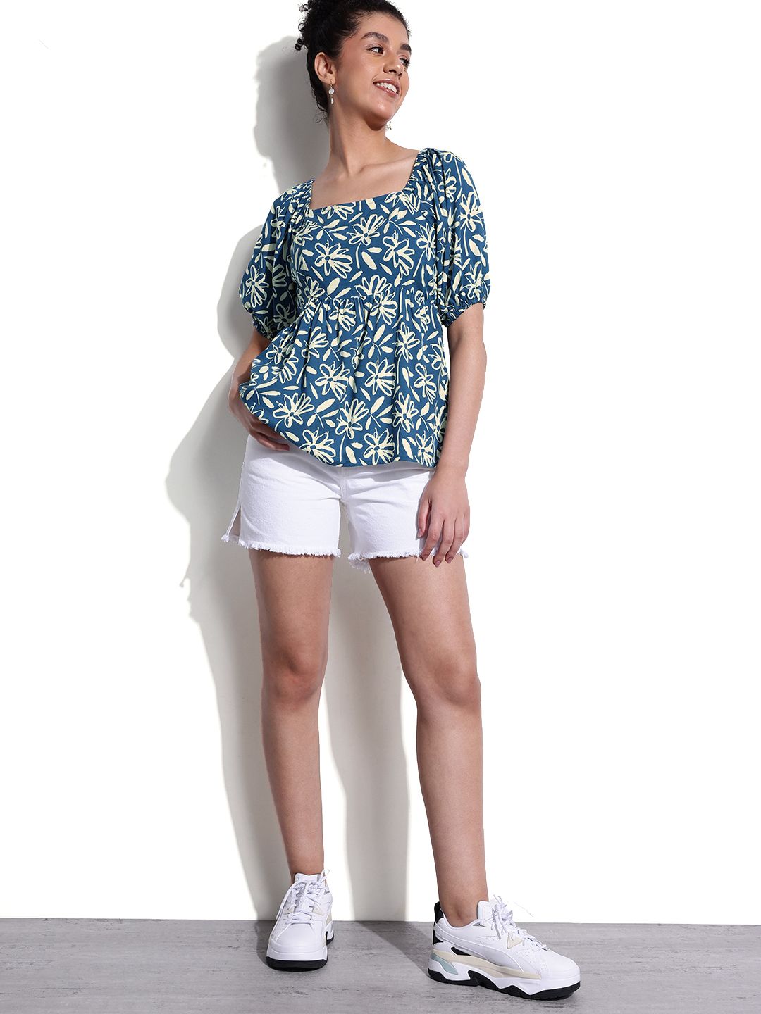 DressBerry Puff Sleeves Floral Printed A-Line Top