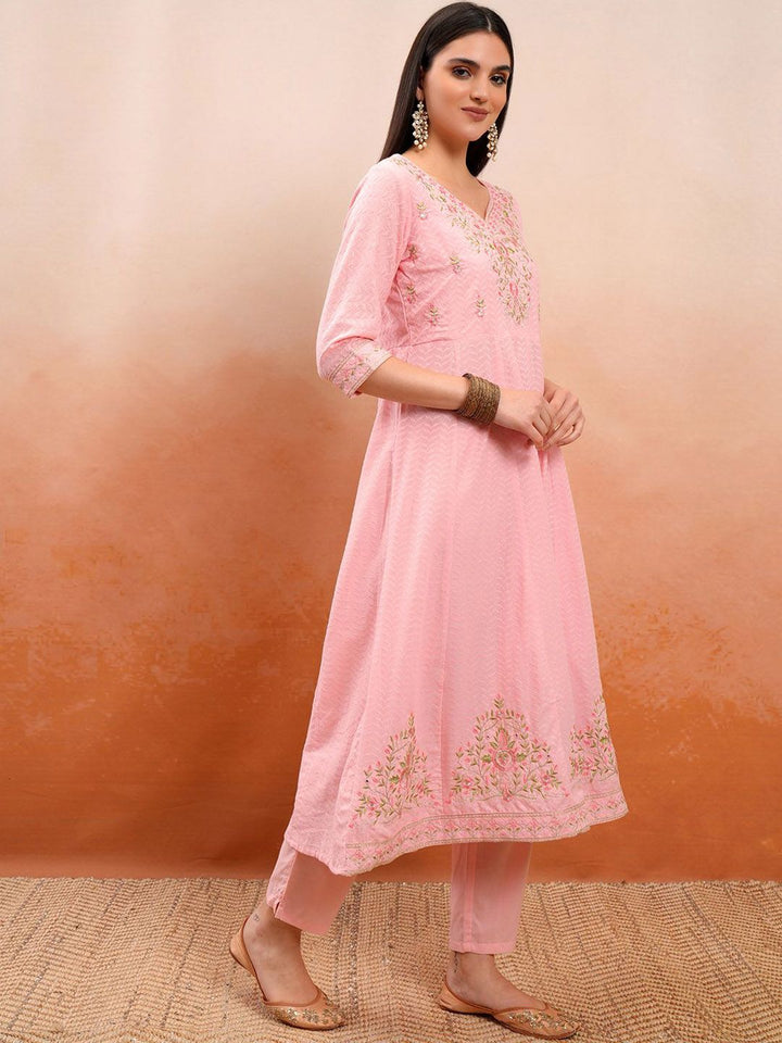 Vishudh Floral Embroidered V-Neck Pure Cotton Kurta with Trouser & Dupatta
