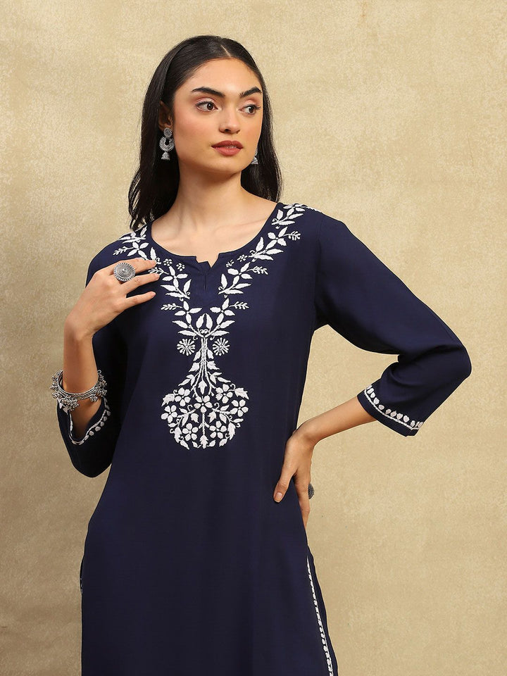 House of Chikankari Women Navy Blue Rayon Chikankari Embroidered Kurta Set