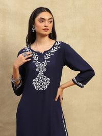 House of Chikankari Women Navy Blue Rayon Chikankari Embroidered Kurta Set