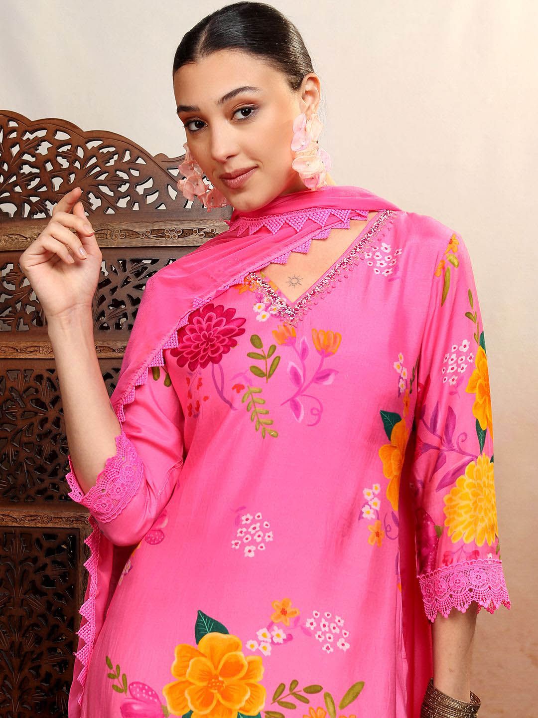 Vishudh Pink Floral Printed Gotta Patti Straight Kurta With Trousers & Dupatta