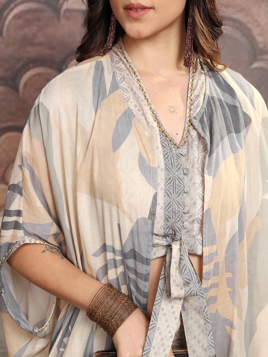 Vishudh Grey & Beige Floral Printed V Neck Pure Cotton Crop Top with Trousers And Jacket