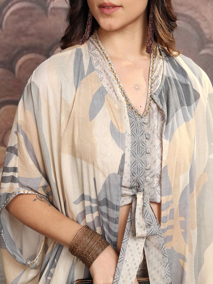 Vishudh Grey & Beige Floral Printed V Neck Pure Cotton Crop Top with Trousers And Jacket