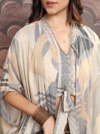 Vishudh Grey & Beige Floral Printed V Neck Pure Cotton Crop Top with Trousers And Jacket
