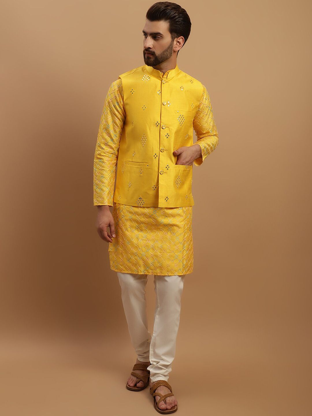 SOJANYA Geometric Embroidered Regular Kurta with Churidar with Embellished Nehru Jacket