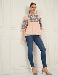 Antheaa Geometric Embroidered Puff Sleeve Chiffon A-Line Top