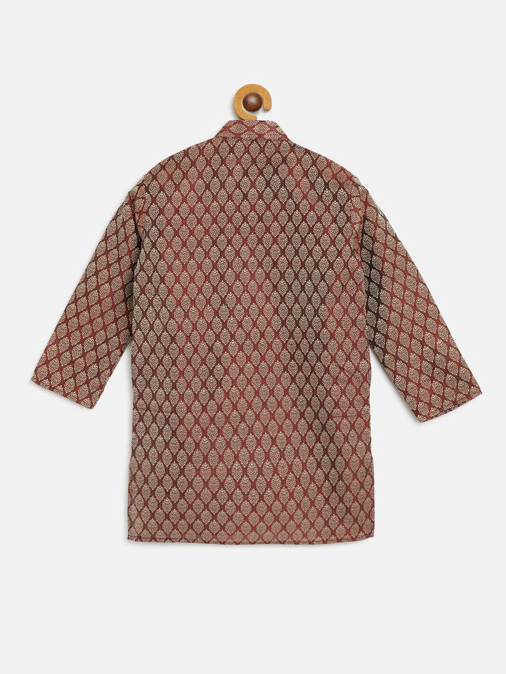 SOJANYA Boys Maroon & Golden Woven Design Mandarin Collar Jacquard Straight Kurta