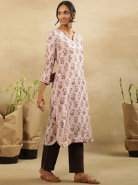 W Floral Printed V-Neck Mirror Work Kurta