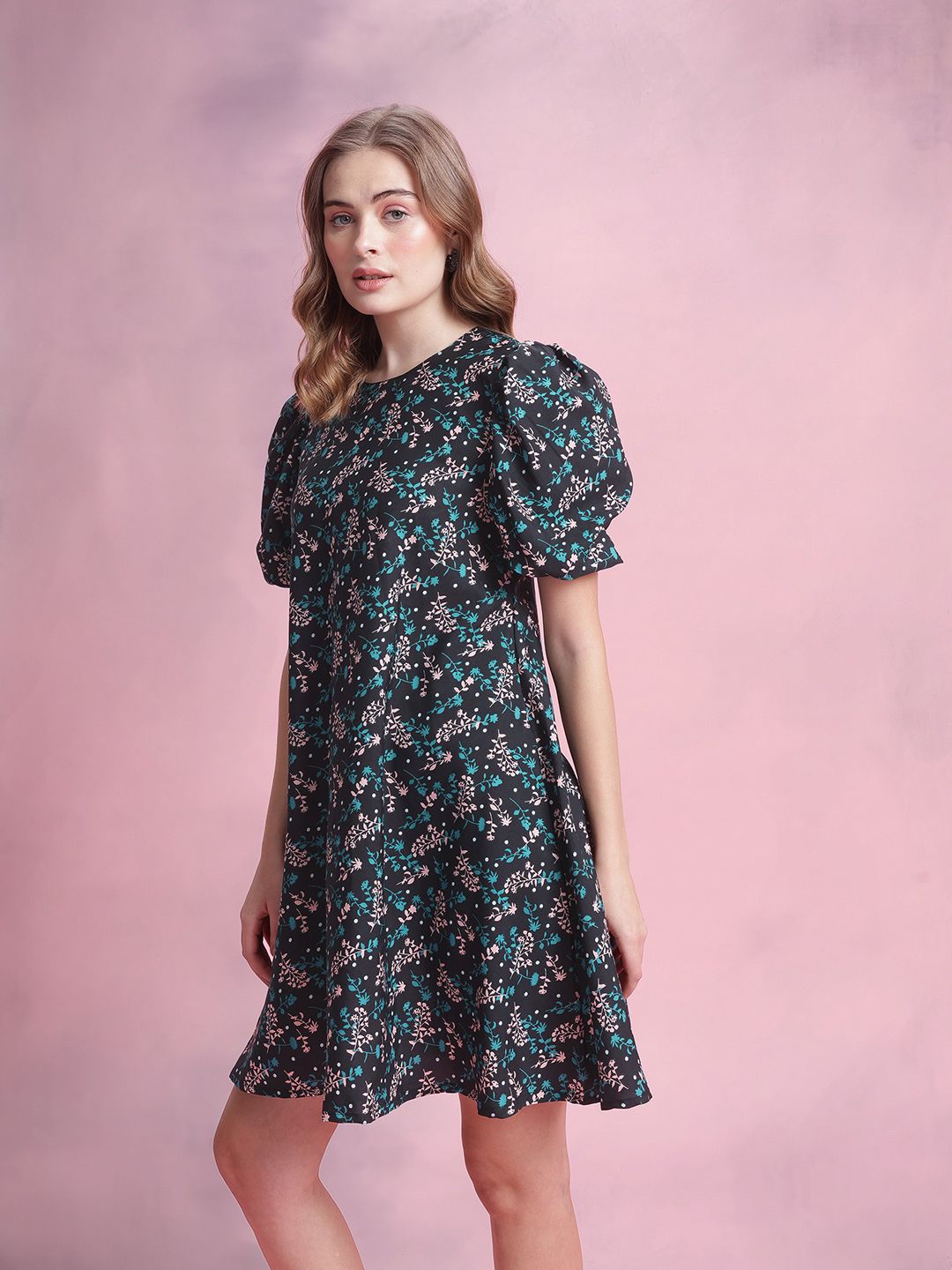 DressBerry Floral Print Puff Sleeve A-Line Dress