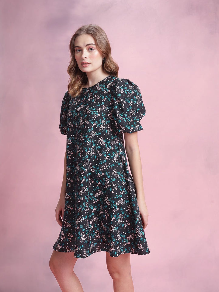 DressBerry Floral Print Puff Sleeve A-Line Dress