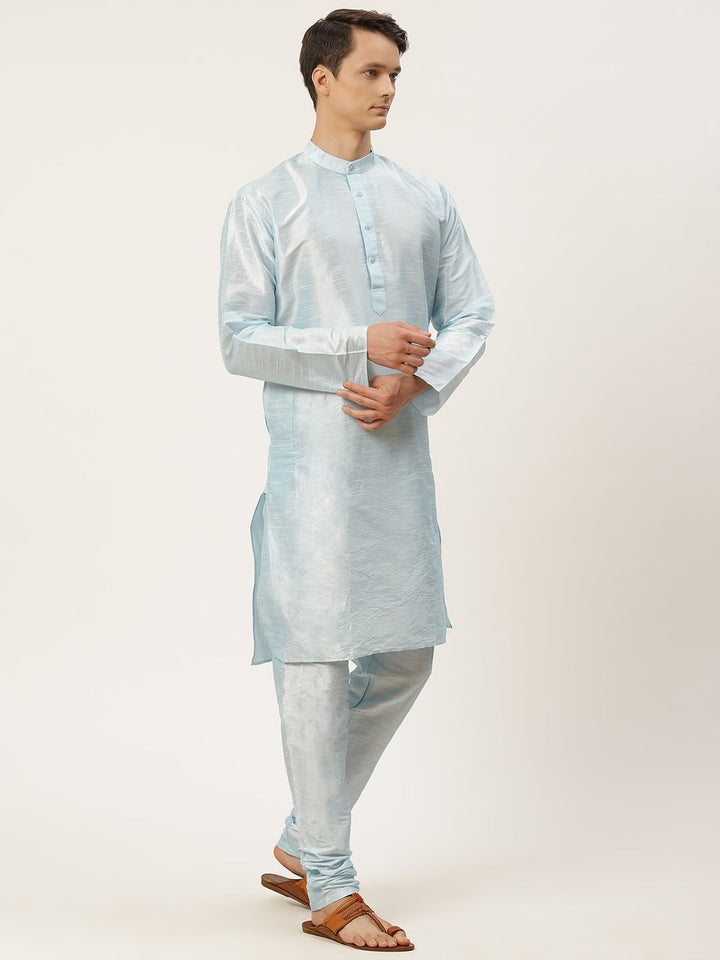 SOJANYA Men Blue Solid Kurta Set With Printed Jacket