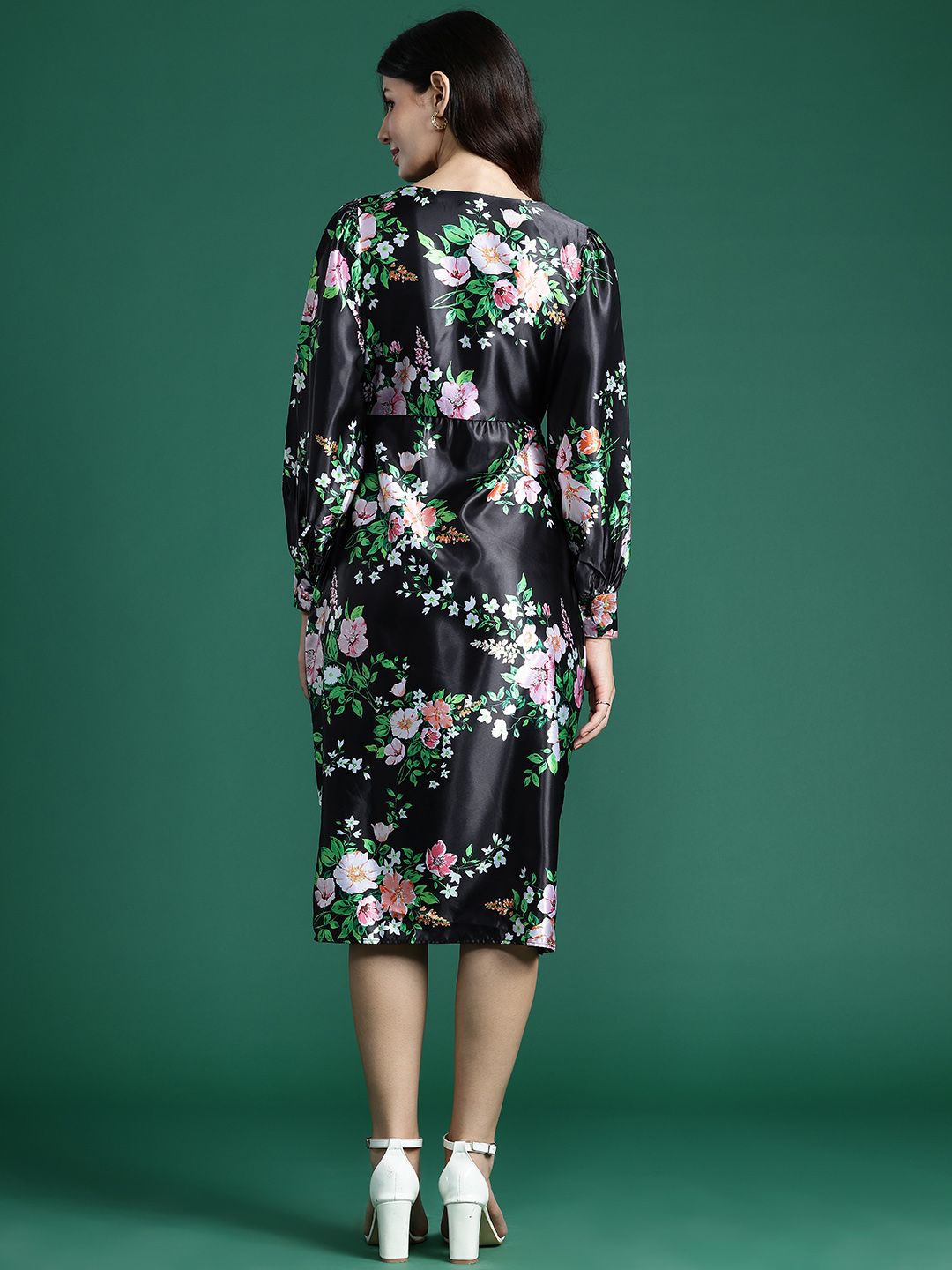 DressBerry Floral Print Satin-Finish A-Line Midi Dress