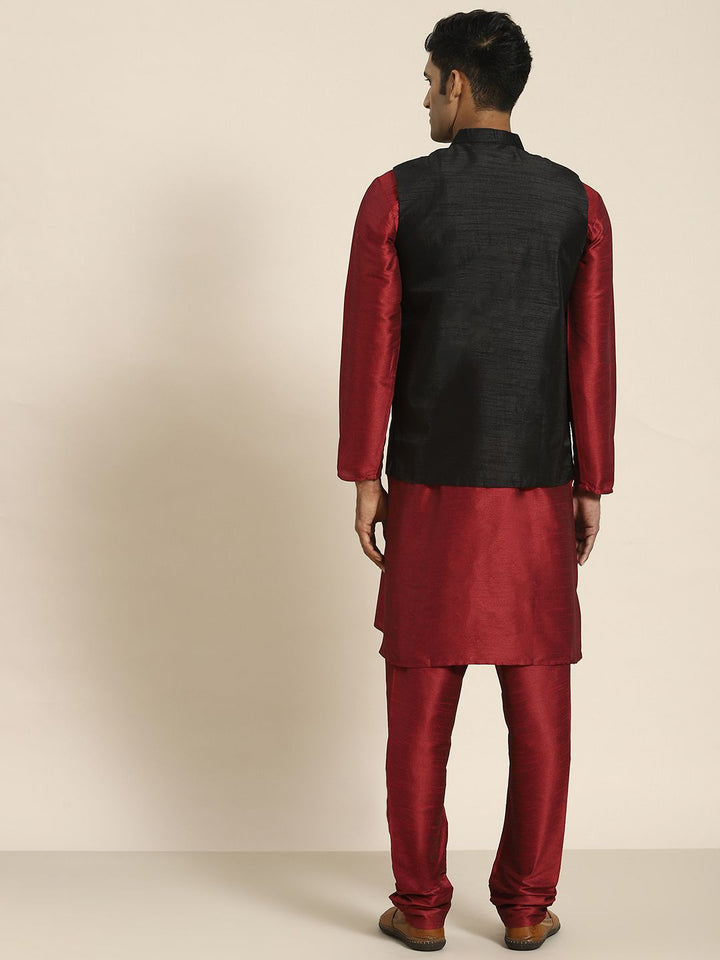 SOJANYA Men Maroon Mirror Work Kurta with Churidar with Nehru Jacket