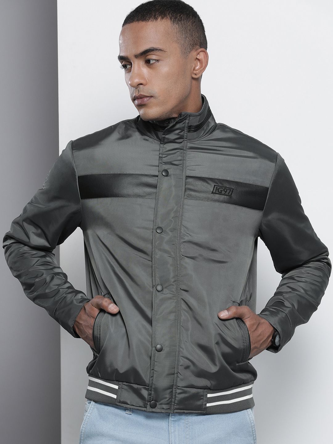 The Indian Garage Co Men Slim Fit Bomber Jacket with Insert Pockets
