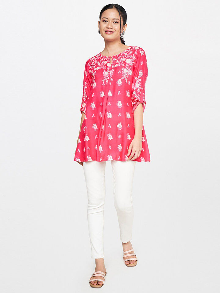 Global Desi Floral Printed Keyhole Neck Roll up Neck A-Line Top