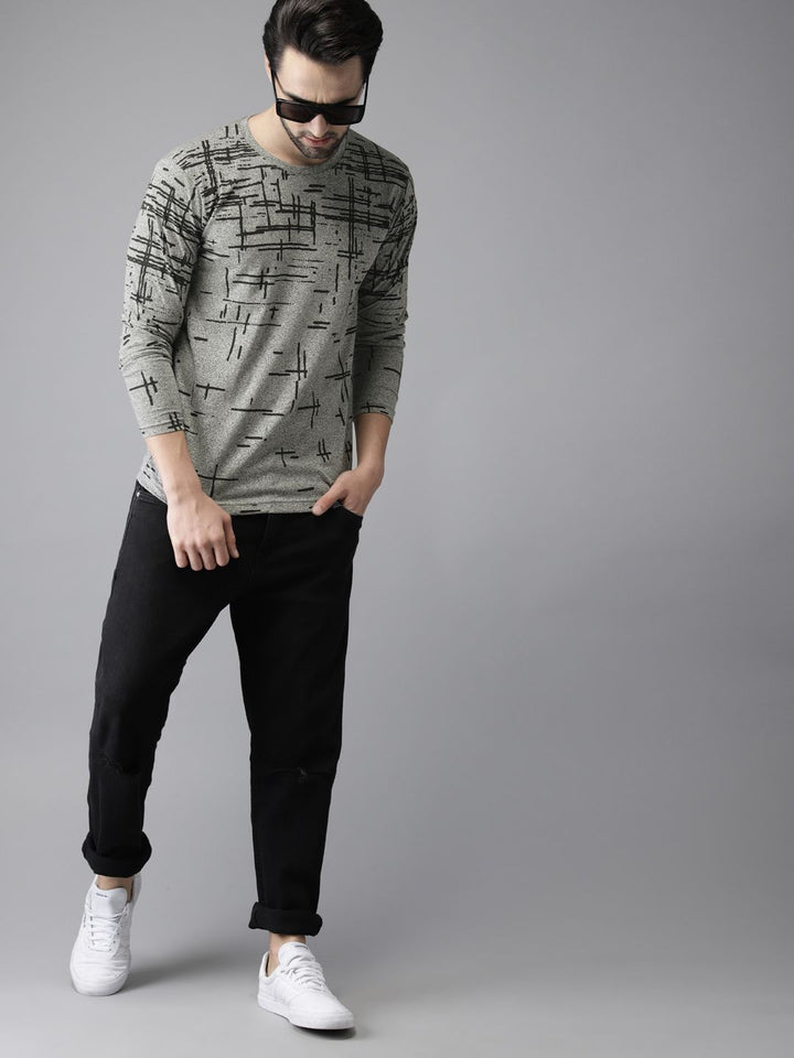 Campus Sutra Men Grey Printed Cotton Pure Cotton T-shirt