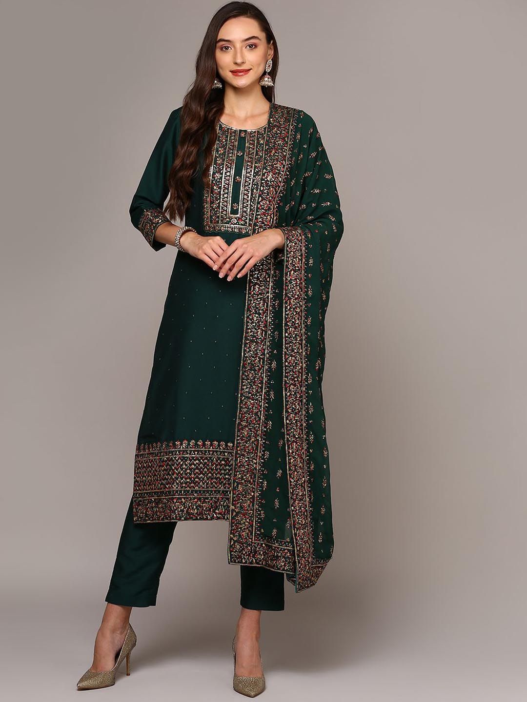 KALINI Floral Embroidered Regular Thread Work Kurta with Trousers & With Dupatta