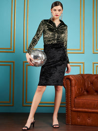 SASSAFRAS Olive Green Slim Fit Velvet Ruched Party Shirt