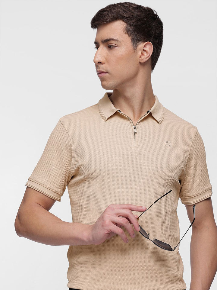 French Connection Self-Design Textured Polo Collar T-shirt